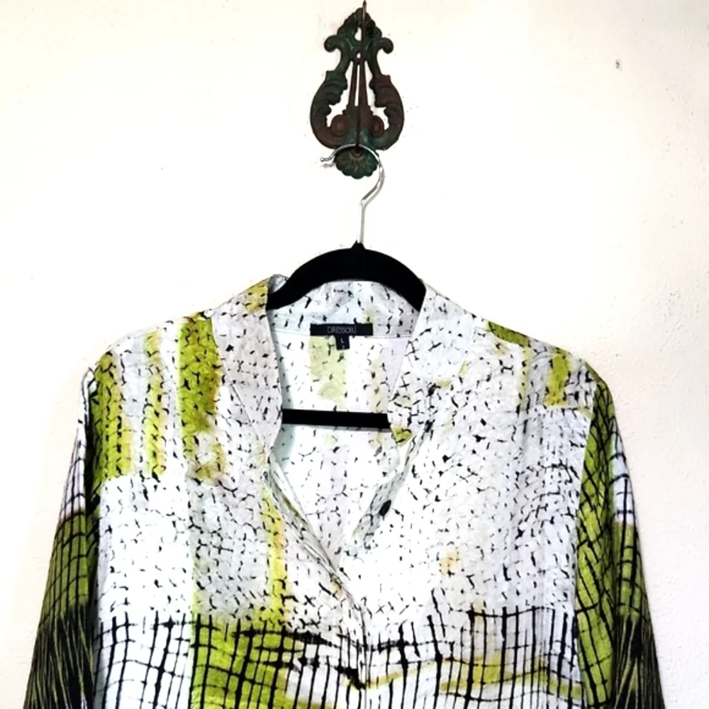 Dressori 100% Silk Art Abstract Design 3/4 Length Sleeves Blouse Size Large EUC